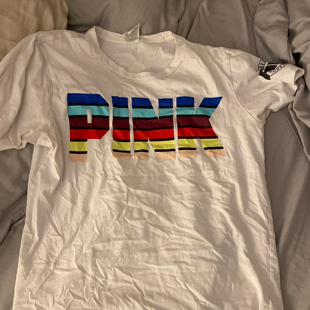 pink/VS t shirt with rainbow lettering